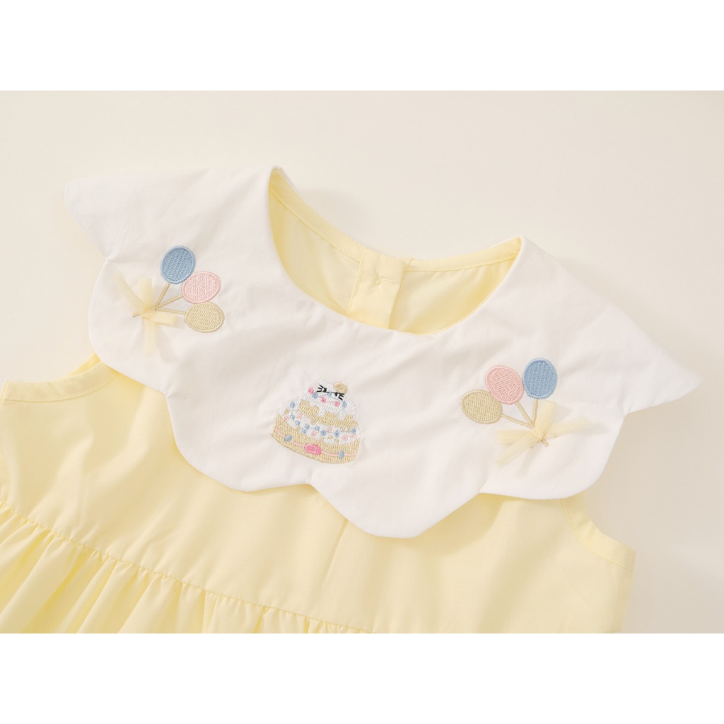 ชุดเดรสสีเหลืองอ่อนสำหรับเด็กผู้หญิง คอปีกผีเสื้อ ปักลายดอกไม้ น่ารัก ผ้าฝ้ายคุณภาพดี K5125647 - รูปที่ 2