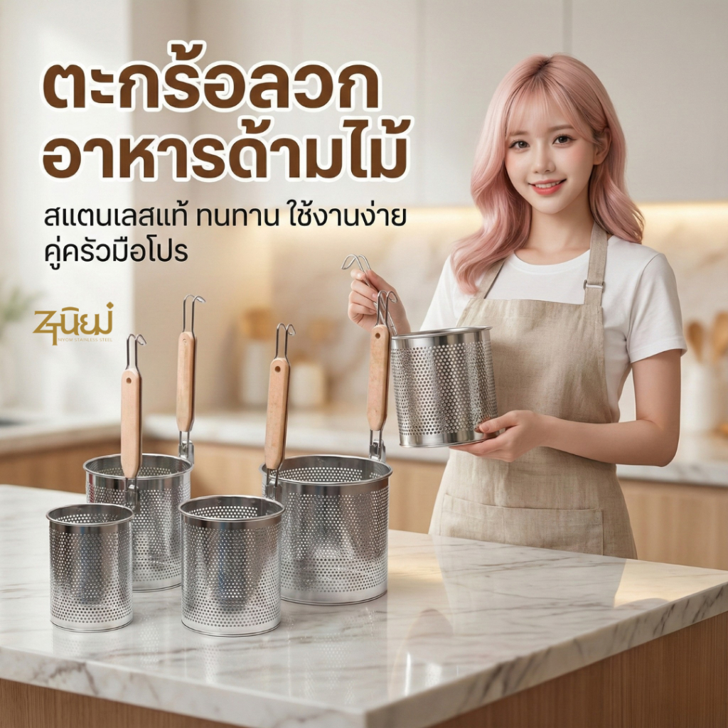 ตะกร้อลวกอาหารด้ามไม้ สแตนเลสอย่างดี ใส่อาหารได้เยอะ กระชอนลวกเส้น เสริมโครง ขนาด 12/14/16/18 ซม. พร้อมส่ง
