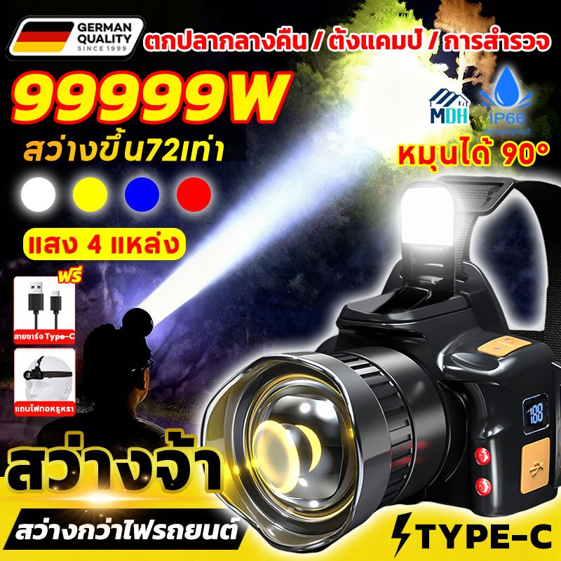 【ใช้ 30 ปีไม่เสีย】ไฟฉายคาดหัว แท้ ปรับแสงได้ 4 สี กันน้ำ หมุนได้90°ทนทาน ผ่านทะลุสูง จอแสดงระดับแบตดิจิทัล Headlamp