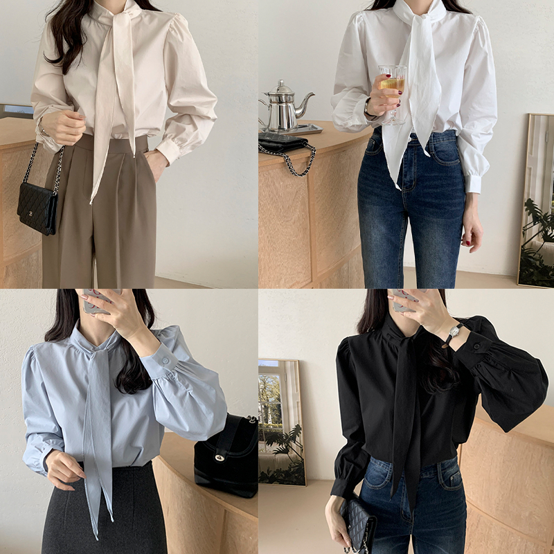 เสื้อเชิ้ตแขนพองทรงหลวมสำหรับผู้หญิง สีพื้น ดีไซน์ริบบิ้น ทรงหลวม คอตั้ง เหมาะสำหรับสวมใส่ทั้งทำงานและลำลอง#99228