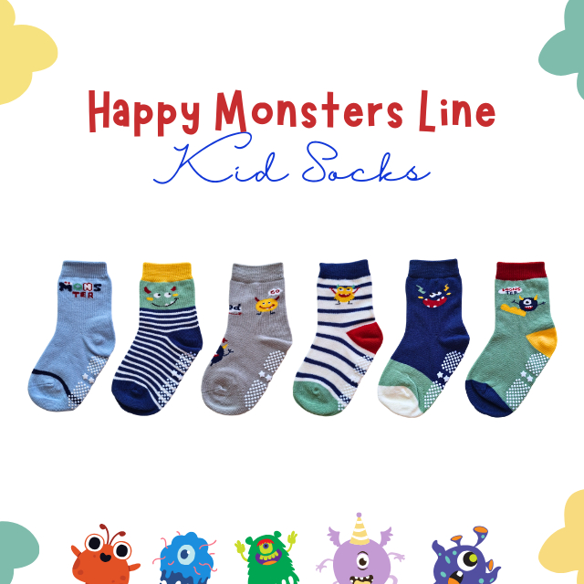 💚🤖 ถุงเท้าเด็กข้อกลางลายมอนเตอร์ Size M คอลเลคชั่น “Happy Monsters Line (Kids)” มีกันลื่น 🤖💚