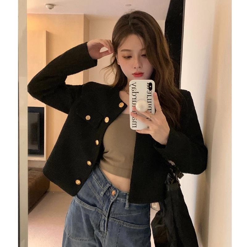 ผู้หญิง สีดํา เสื้อแขนยาว แจ็คเก็ต มีกระเป๋า ทวิต เสื้อคลุม คาร์ดิแกน กระดุม เบลเซอร์ XXL