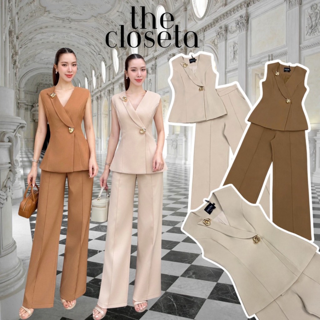 THE CLOSETA : LV318 ชุดเซ็ทเสื้อแขนกุดทรงคอเสื้อป้ายทับแต่งกระดุมทอง +กางเกงขายาว