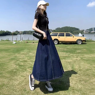 S-5XL กระโปรงยีนส์หญิงสีน้ำเงินเข้ม ยาวมิดิทรงเอ เอวแบบยืดหยุ่นบางส่วน