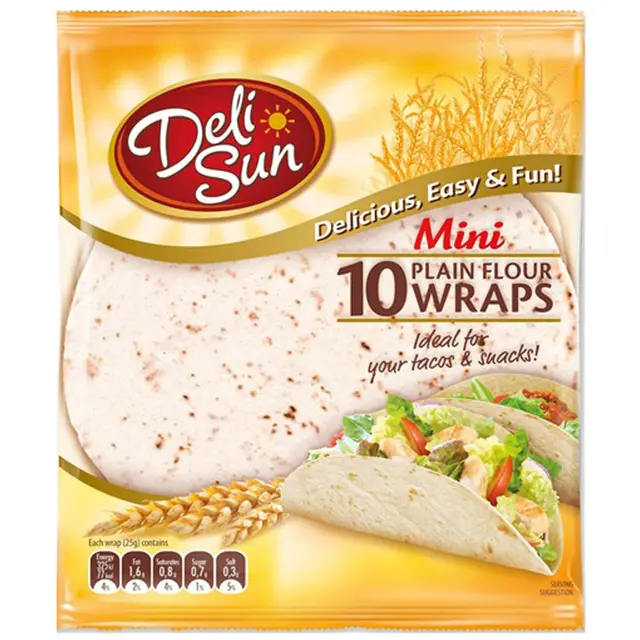 เดลิซัน 10 แผ่นมินิ แผ่นเล็ก แป้งข้าวสาลี 250 กรัม Deli Sun 10 Mini Plain Flour Wraps 250g.