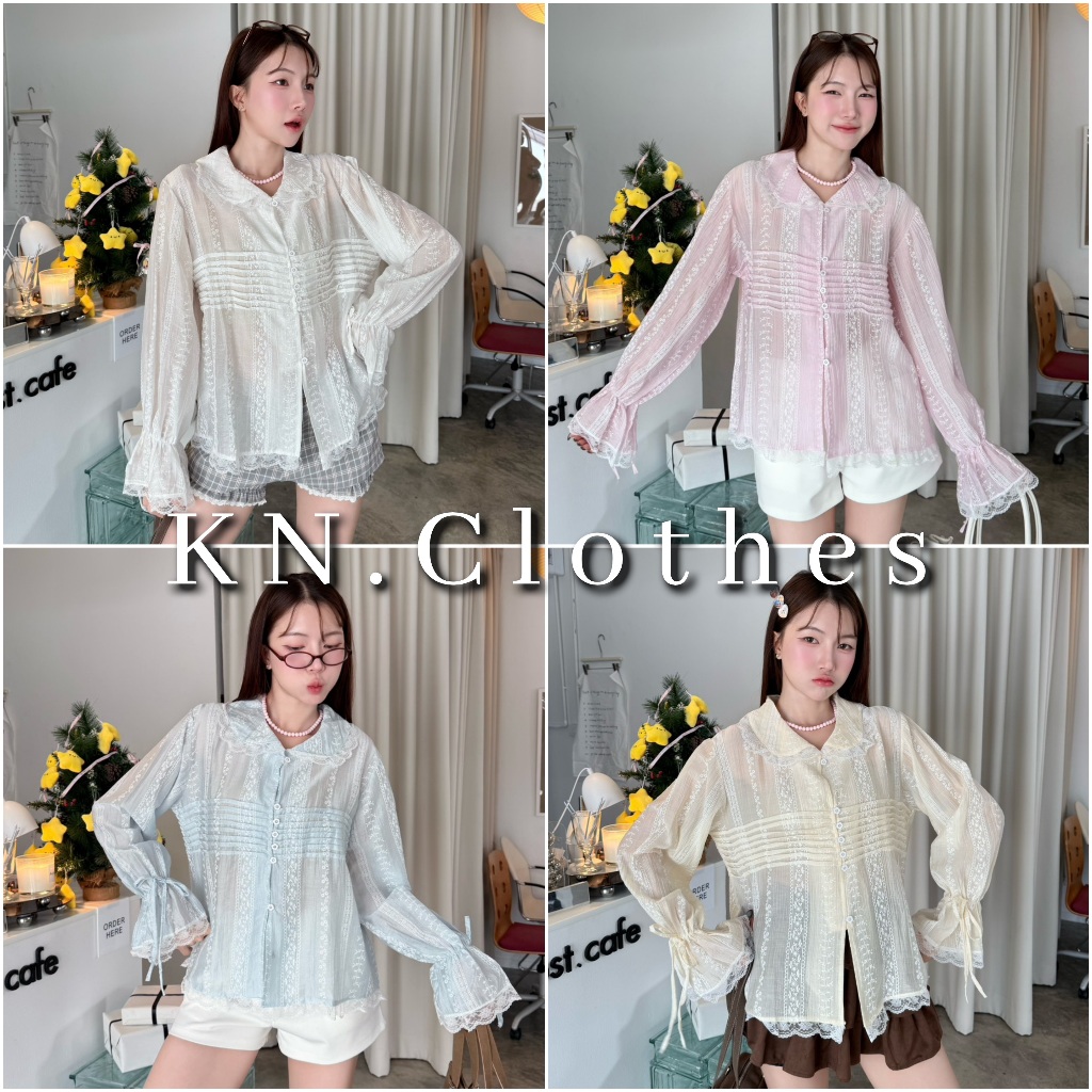 Clara top : เสื้อแขนยาวคอบัว ตีเกล็ดหน้า จั้มปลายแขน ผูกโบว์ เนื้อผ้าเบาบาง KN.Clothes