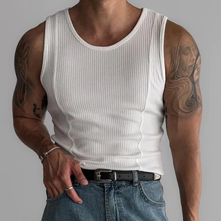 เสื้อกล้ามชาย แฟชั่นอเมริกัน ทรง Slim Fit ผ้าร่อง Ribbed เสื้อแขนกุดผู้ชาย ใส่ออกกำลังกาย ลำลอง คุณภาพสูง หลายสี【COD】