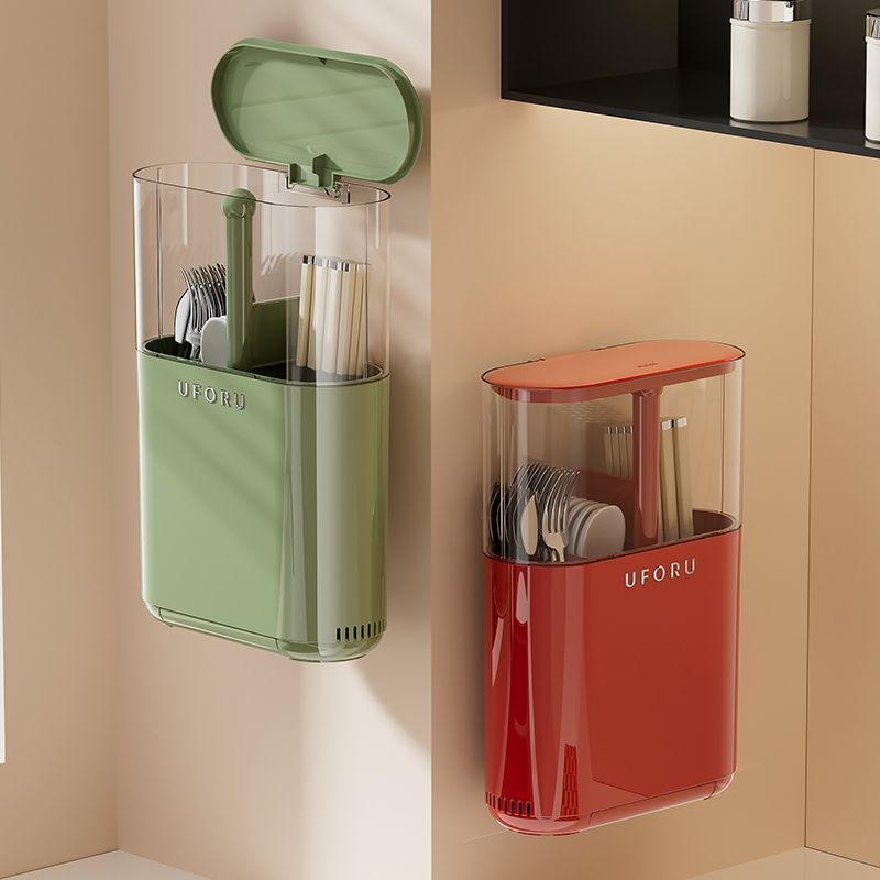 Ubear กล่องเก็บช้อนส้อมตะเกียบ ติดผนัง ที่เก็บช้อนส้อม ติดผนังไม่เจาะรู ระบายน้ำได้สะดวก กันชื้น