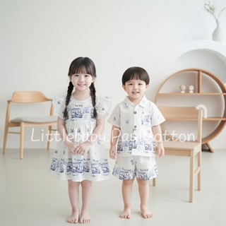 ชุดคู่เด็กชาบและเด็กหญิงลายตุ๊กๆสีฟ้า