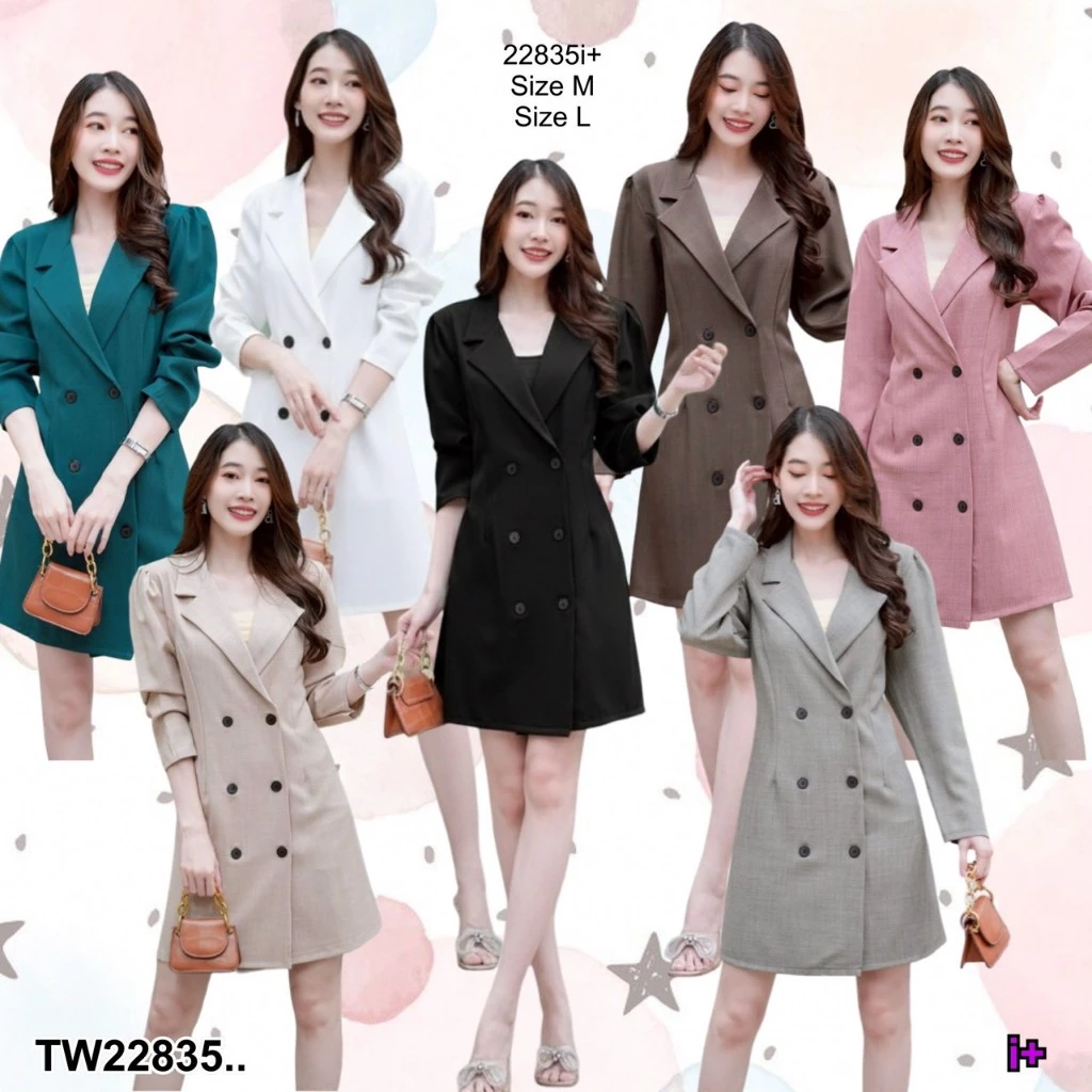 เดรสปกสูทแขนยาว ติดกระดุมสีดำ .. TW22835 TwinsShopVip💗พร้อมส่ง