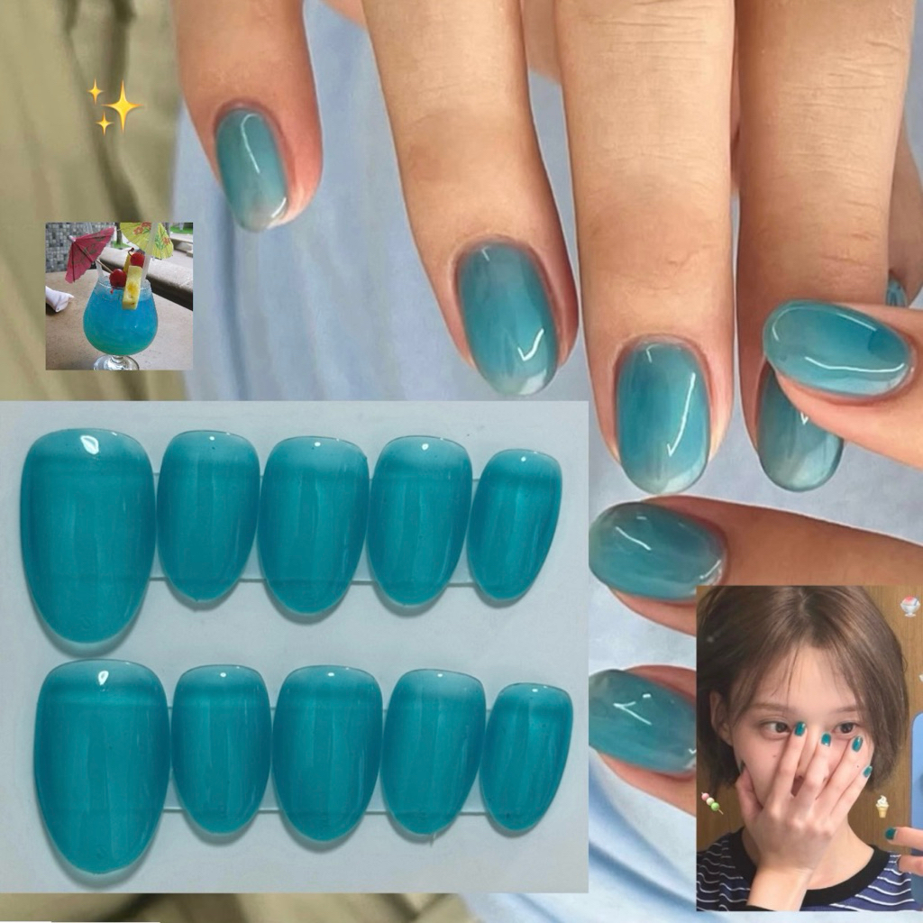 New ✨ เล็บปลอมเจลสีฟ้า Blue Hawaii ฟ้าสดใส ไซรัป 🏄‍♀️🫐✨🍸 (งานพรีออเดอร์)