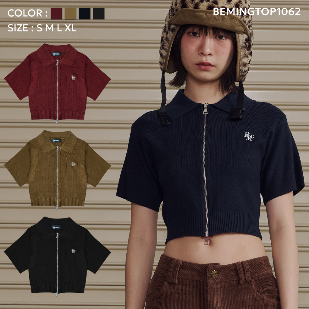 Bemingtop1062(S-XL)-BMG Two Ways Zip Knit - เสื้อไหมพรมแขนสั้น two ways ซิป ผ้านุ่ม ใส่สบาย ปักโลโก้