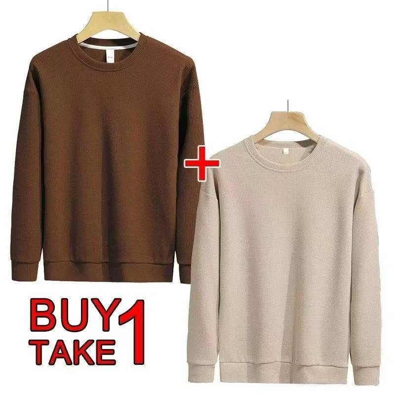 TwoStar ซื้อ 1 แถม 1 เสื้อยืดแขนยาววาฟเฟิลเรียบสำหรับผู้ชาย คอกลม เสื้อสเวตเชิ้ต ราคา ถูกที่สุด ดีลบีเคเค แกลเลอรีภาพที่ 4