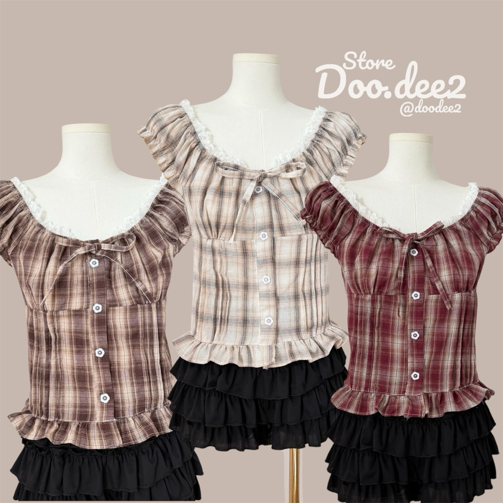 ♦️DOODEE2♦️เสื้อแขนตุ๊กตาลายสก็อตจับจีบเอวผูกโบว์ ติดกระดุมแกะไม่ได้