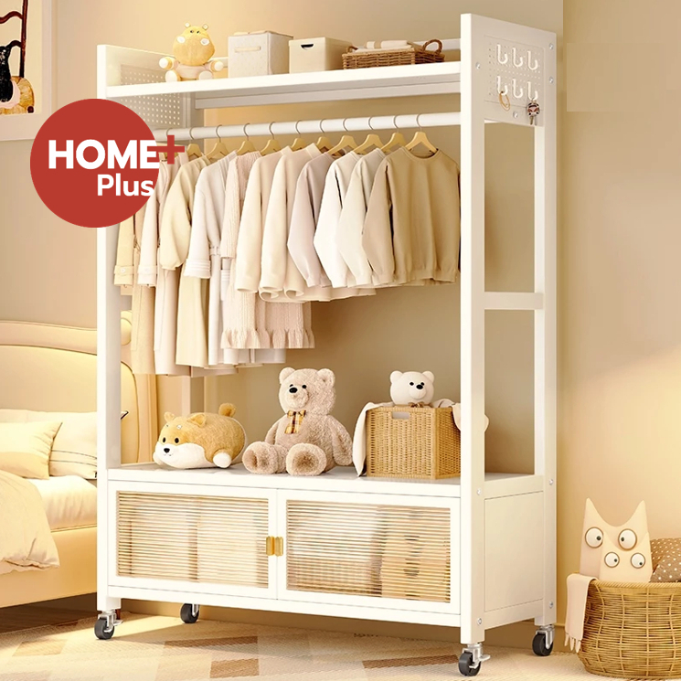 Homeplus 2in1 ราวแขวนผ้า ตู้เสื้อผ้า ตู้แขวนผ้ามีล้อ ประตูตู้กันฝุ่น บอร์ดจัดเก็บ DIY เหล็กคุณภาพสูง เรียบง่ายและสวยงาม