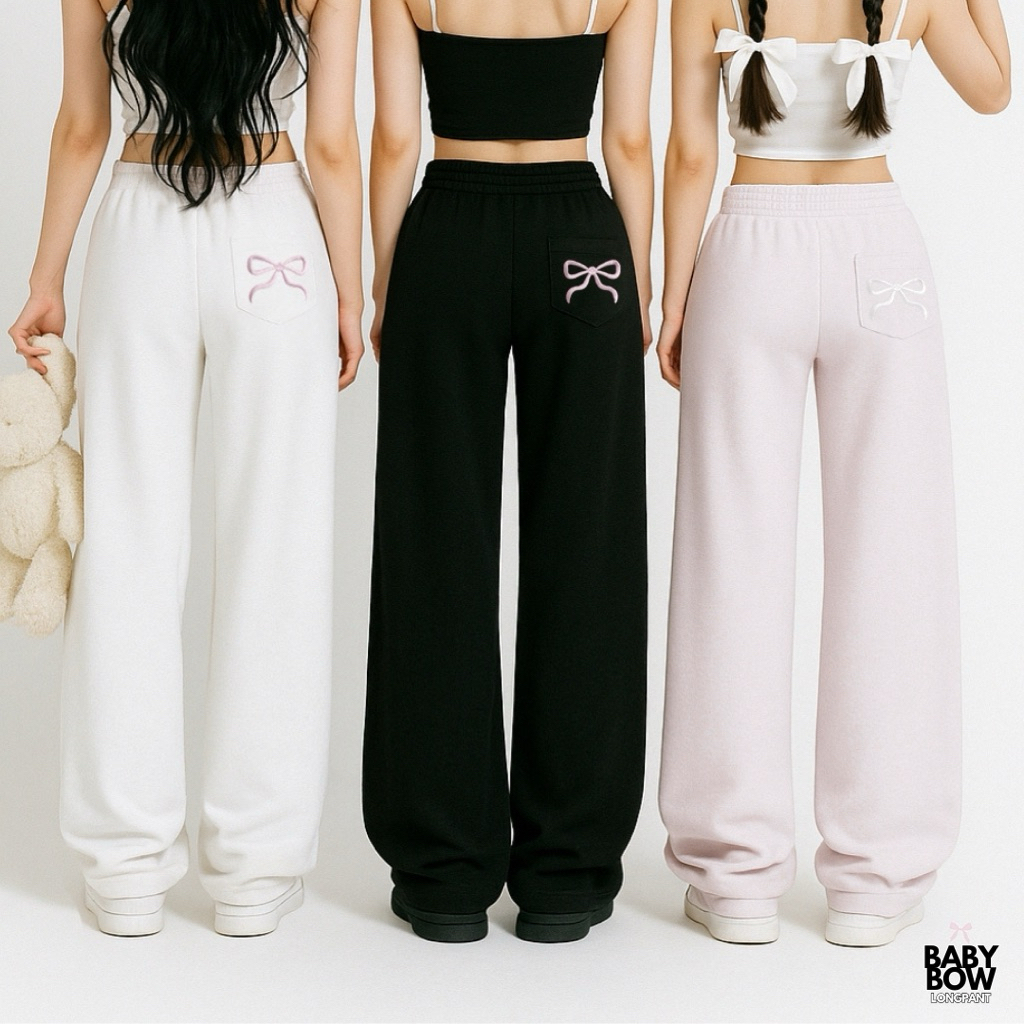 BABY BOW LONG PANTS 🎀  - กางเกงวอร์มขายาว ผู้หญิง กระเป๋าหลังปักโบว์ใหญ่ ผ้าเนื้อหนานุ่มมากๆ