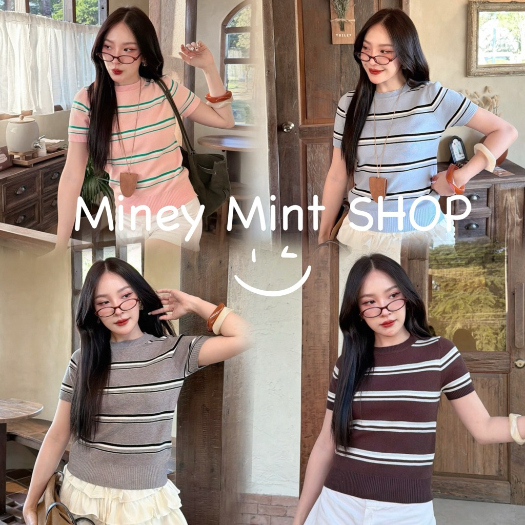 miniminey🌈เสื้อไหมพรมคอกลม ลายริ้ว นุ่มนิ่ม งานWAYA
