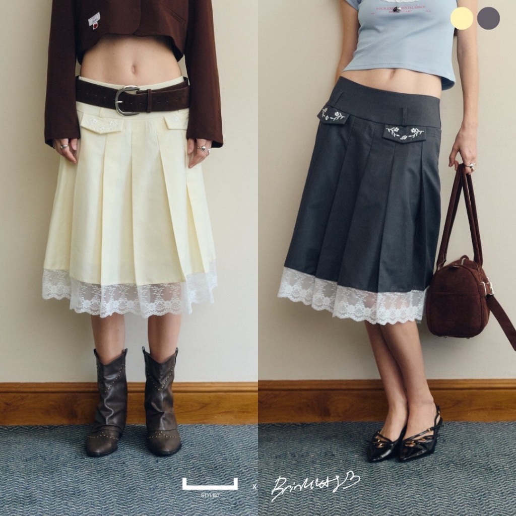 STYLIST x Brinkkty  - Bliss Skirt/Skorts 002 กระโปรงพลีทต่อผ้าลูกไม้