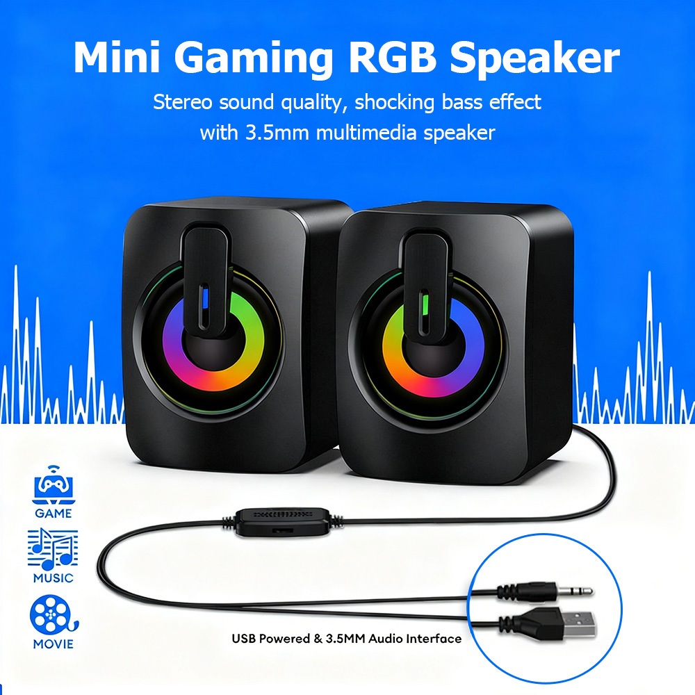 ลำโพงคอมพิวเตอร์ RGB แถบเสียงแบบพกพา ขับเคลื่อนด้วย USB สำหรับเล่นเกมและงาน