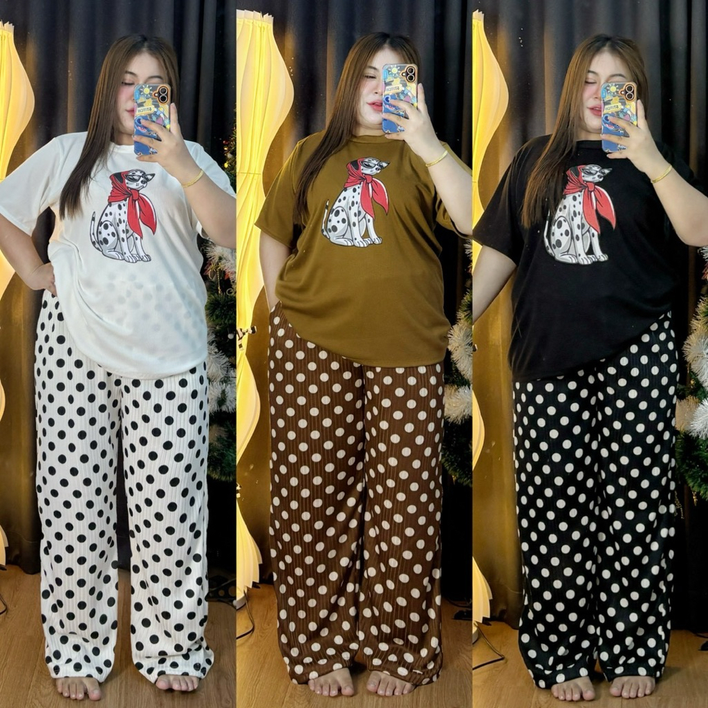 D229 ชุดเซตกางเกงลายจุด น่ารักมั่กๆ เสื้อยืดสกรีนน้องหมา OVERSIZE ราคา ถูกที่สุด ดีลบีเคเค