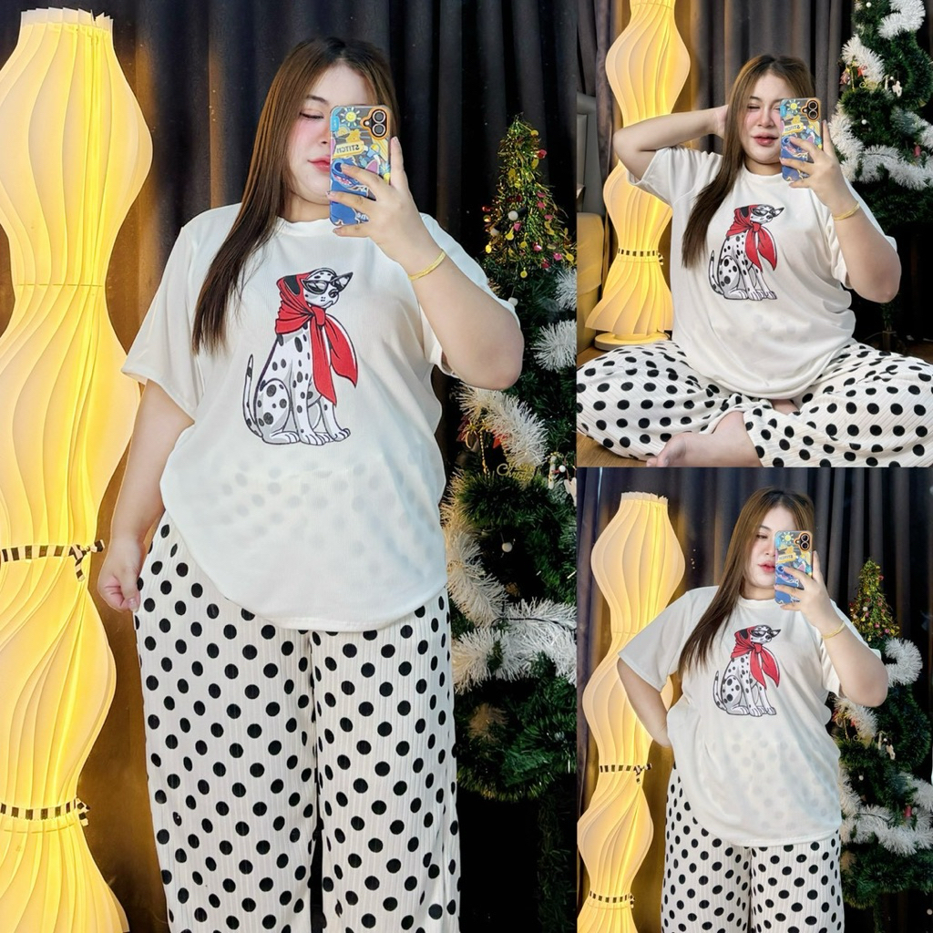 D229 ชุดเซตกางเกงลายจุด น่ารักมั่กๆ เสื้อยืดสกรีนน้องหมา OVERSIZE ราคา ถูกที่สุด ดีลบีเคเค แกลเลอรีภาพที่ 2
