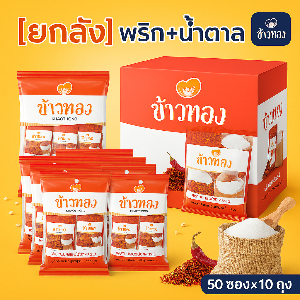 [ยกลัง] พริก+น้ำตาล ตรา ข้าวทอง 50 ซอง x 10 ถุง