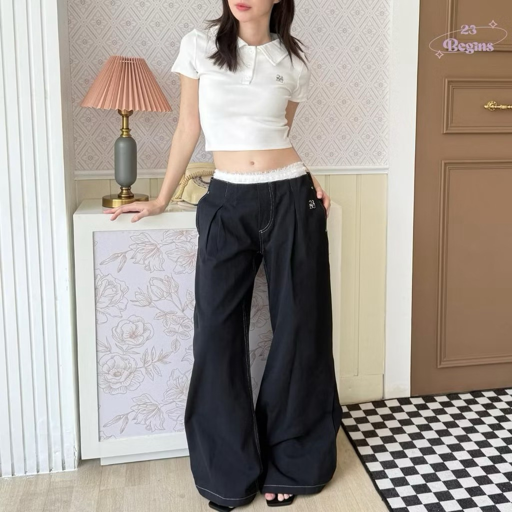 23begins รุ่น Jeanette Jeans ( S) กางเกงยีนส์เอวกลาง ยีนส์ลูกไม้ ผ้ายีนส์พรีเมียม