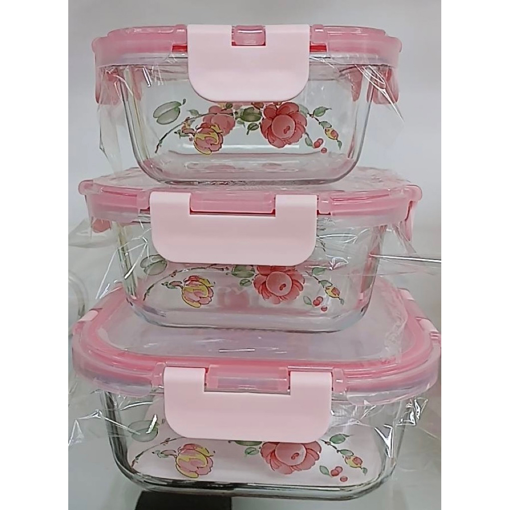 🍂🍂Pyrex กล่องแก้ว ภาชนะแก้วใส่อาหาร Pyrex square glass storage set🥮🥮ลาย country rose 1 ชุด มี 6 ชิ้น