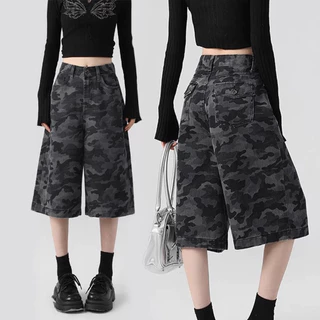 S~5XL Camouflage shorts กางเกงครอปขาตรงสไตล์เรโทรแบบใหม่ กางเกงทรงตรงเอวสูงทรงหลวม กางเกงขาสั้นลายพรางลำลองทรงหลวม