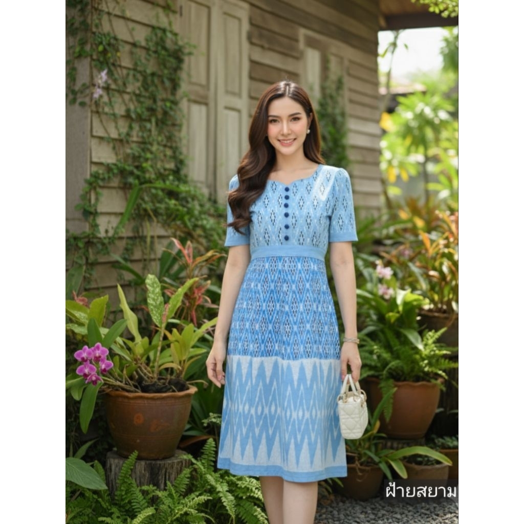 เดรสผ้าฝ้ายพิมพ์ลายไทยเชียงใหม่ มีสายผูกเอว ไม่อัดกาว ไม่มีซิบ
