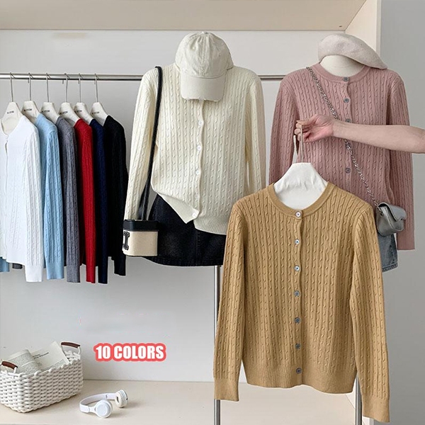 mimi&didi#เสื้อคาร์ดิแกนถักแคชเมียร์นุ่มบิดแขนยาวสำหรับผู้หญิง คอกลม สเวตเตอร์แบบลำลองเข้ารูป เสื้อโค้ท#88011