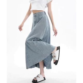 S~5XL Long skirt women Elastic band design กระโปรงยีนส์เอวสูงทรงเอเอวสูงสไตล์เกาหลีแบบไม่มีร่องผ่ากระโปรงทำงานทรงหางปลา