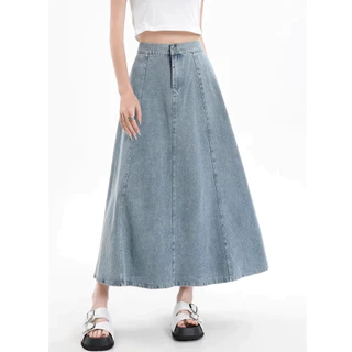 S~5XL Long skirt women Elastic band design กระโปรงยีนส์เอวสูงทรงเอเอวสูงสไตล์เกาหลีแบบไม่มีร่องผ่ากระโปรงทำงานทรงหางปลา