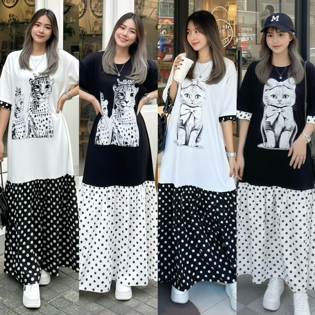 เดรสยาวคอกลมแขนสั้น ดีเทลแต่งระบายแขนและตัดต่อชายระบาย ลายน่ารักแบบสุดๆ