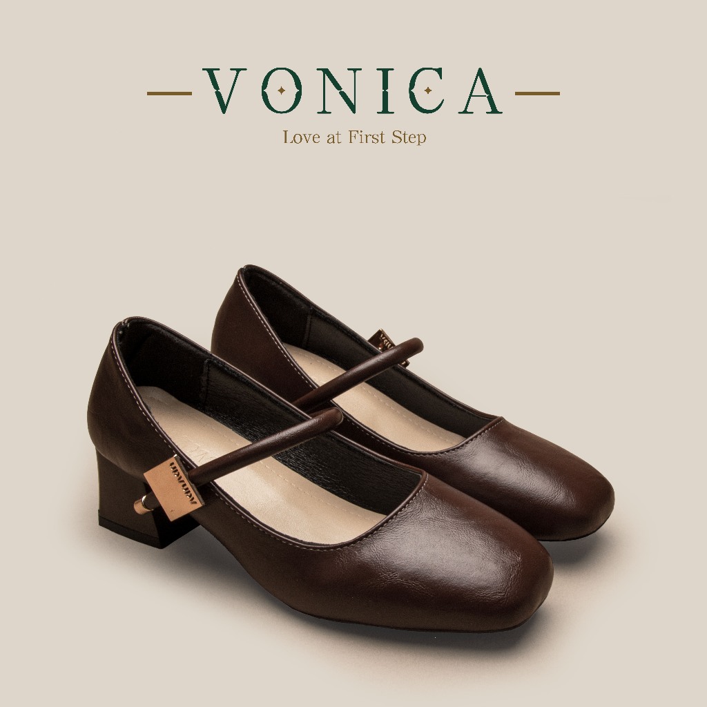 VONICA รองเท้าส้นสูงแมรีเจนสีน้ำตาลสำหรับผู้หญิง รองเท้าพัมพ์สวมทำงาน