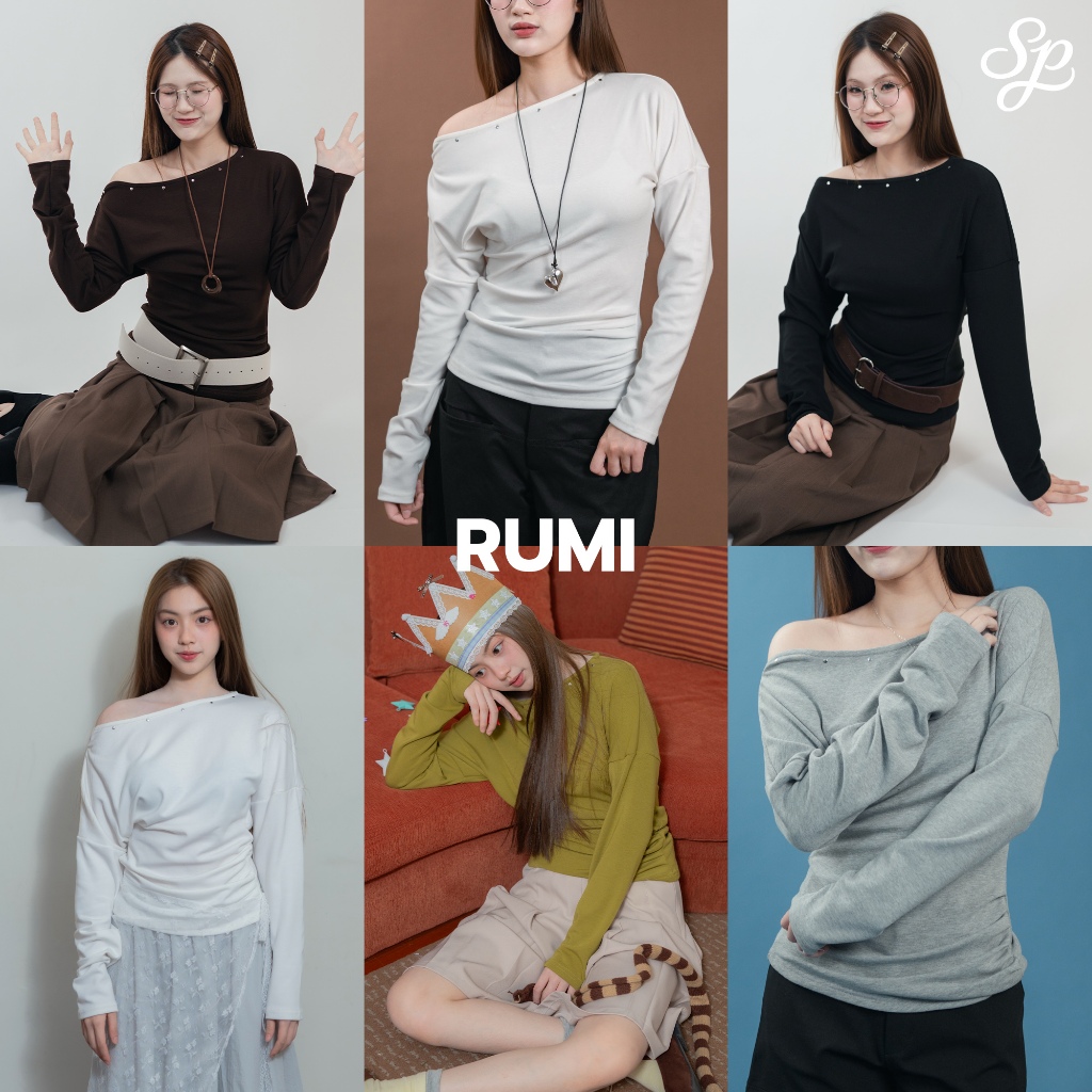 Rumi_SP109 เสื้อปาดไหล่เข้ารูป ผ้าหนานุ่ม ดีเทลหมุดเรียบหรู ใส่สบาย แมทช์ได้หลายลุค