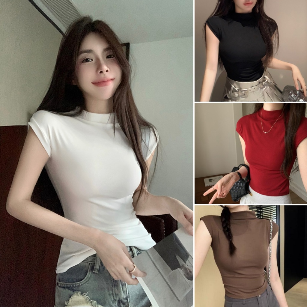 Beryl🌻เสื้อยืดคอเต่าสีขาวรัดรูป สไตล์เรียบง่ายสบายๆ ผ้าเนื้อนุ่ม เสื้อยืดเซ็กซี่ สไตล์เกาหลี