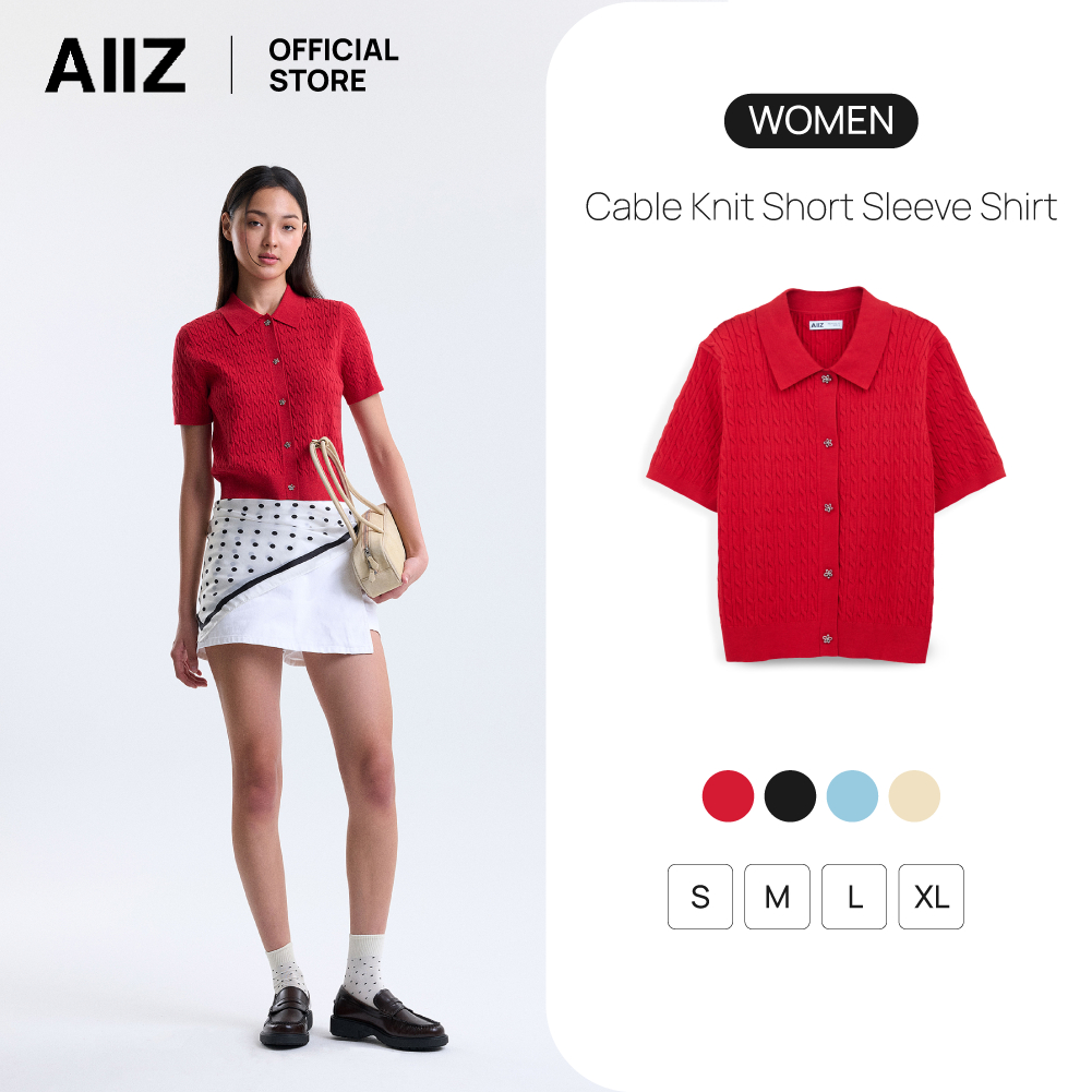 AIIZ เสื้อแขนสั้นผู้หญิงกระดุมหน้าผ้าถักทอลาย