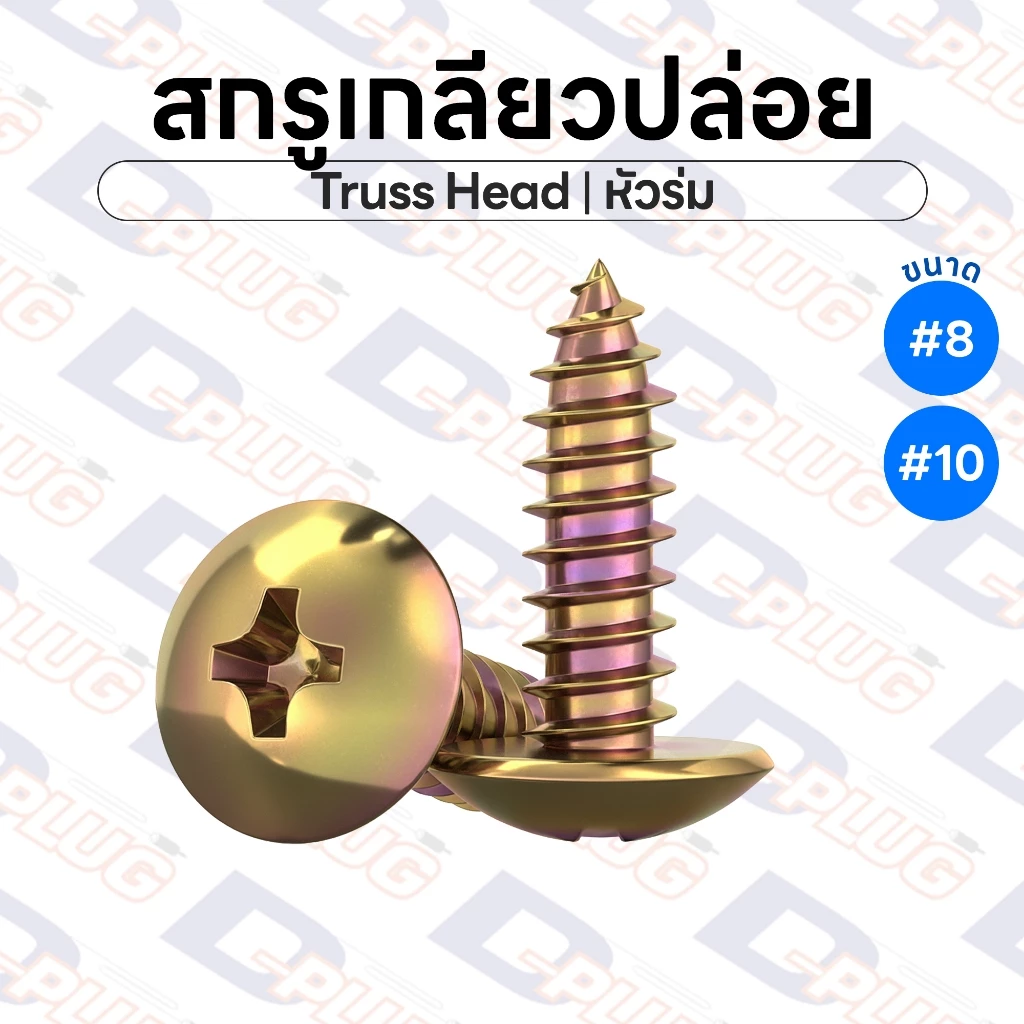 สกรูเกลียวปล่อย หัวร่ม หัว T น็อตเกลียวปล่อย สกรูเกลียวเหล็ก ขนาด #8 #10 Truss Head Screw | แพ็ค 20 ตัว