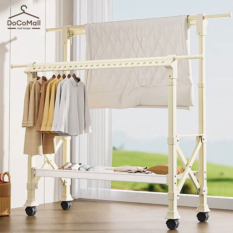 ราวตากผ้าอลูมิเนียม ราวแขวนเสื้อผ้า พับเก็บ ยืดหดได้ พร้อมตะขอ+ชั้นวางของ ป้องกันลมได้ดี ปรับความสูงได้ ไม่เป็นสนิม