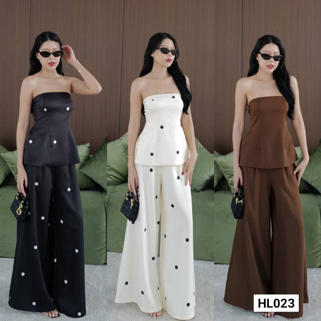 ชุดเชตเกาะอก เสื้อตัวยาวอกตรงสวย ผ่าข้าง +กางเกงทรงกระบอบใหญ่ ชิปหลัง