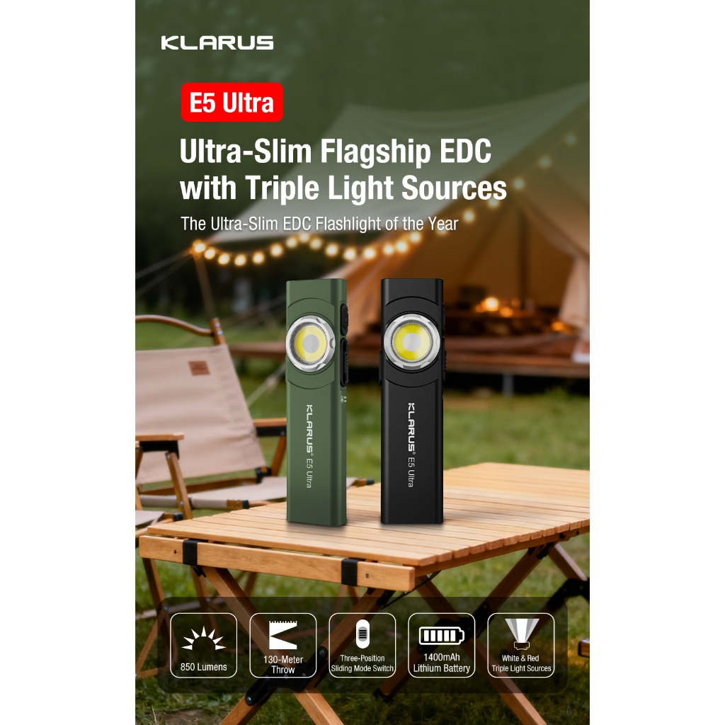 ใหม่!! Klarus E5 Ultra ไฟฉายหลอดคู่ EDC อเนกประสงค์ ขนาดเล็ก สว่างเกินตัว 850Lms แบตชาร์จในตัว 1400m