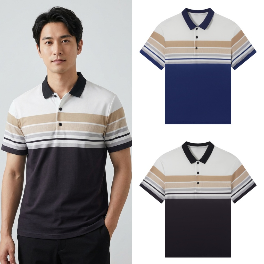 PROMANเสื้อโปโลผู้ชาย  สีต่อผ้า  ลายทาง  เสื้อผ้าลำลองแขนสั้นแบบธุรกิจ หลวม  M-3XL