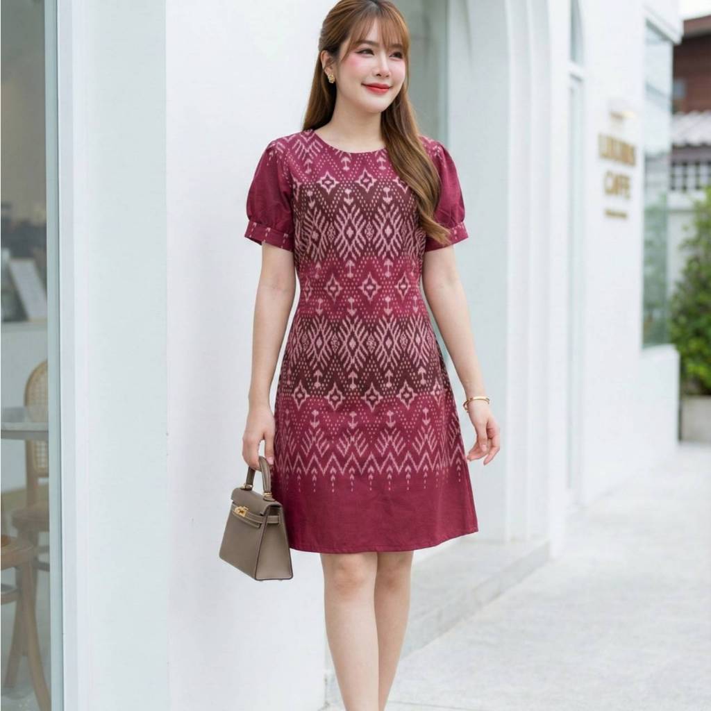 เดรสผ้าฝ้าย ลายขอ ใส่ทำงาน อก40” ใส่สบายผ้านิ่ม ฟรีไซส์