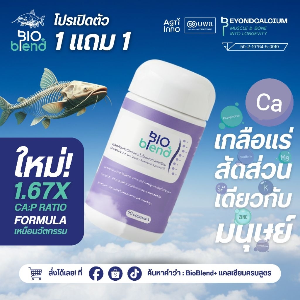 แคลเซียม BioBlend+ Fish Bone Calcium MCHC จากปลาบึกสยามแม่โจ้ 60แคปซูล กระดูก ข้อต่อ กล้ามเนื้อ ผิว ผม