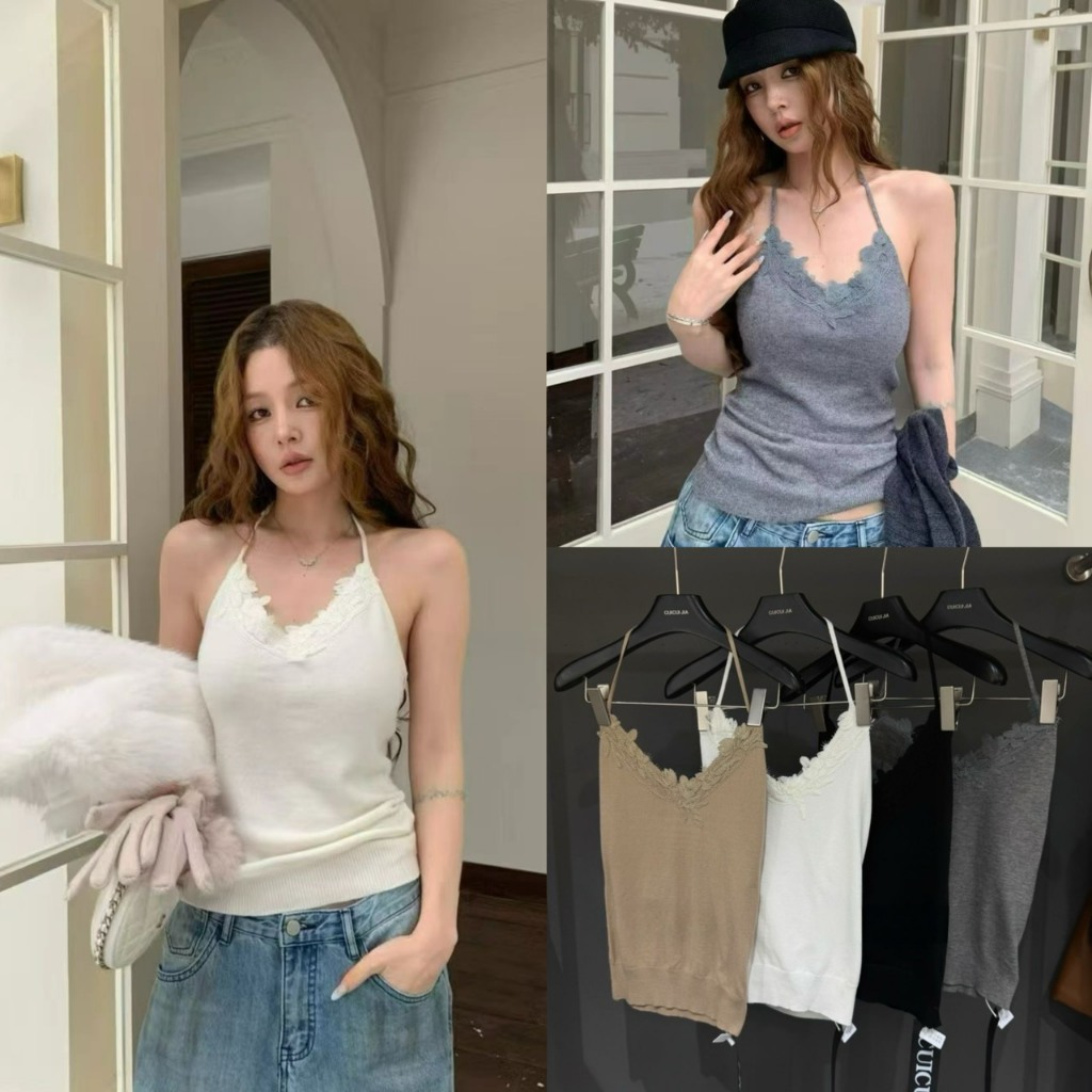 เสื้อสายเดี่ยวคล้องคอแต่งผ้าลูกไม้รุ่น 6409 TAG CCJ 🇰🇷