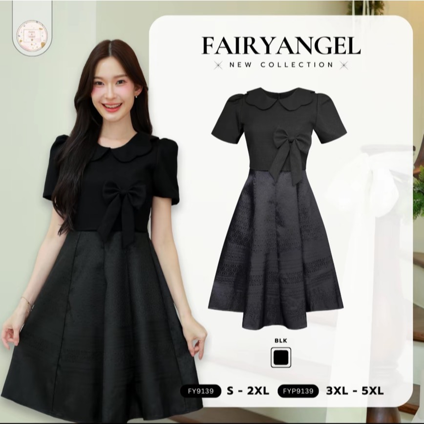 งานป้าย Fairyangel 9139 {S-5XL} (ป้ายแท้) เดรสสั้นทรงบาน คอปก ลายไทย แต่งโบว์ ผ้าทออัดกาว