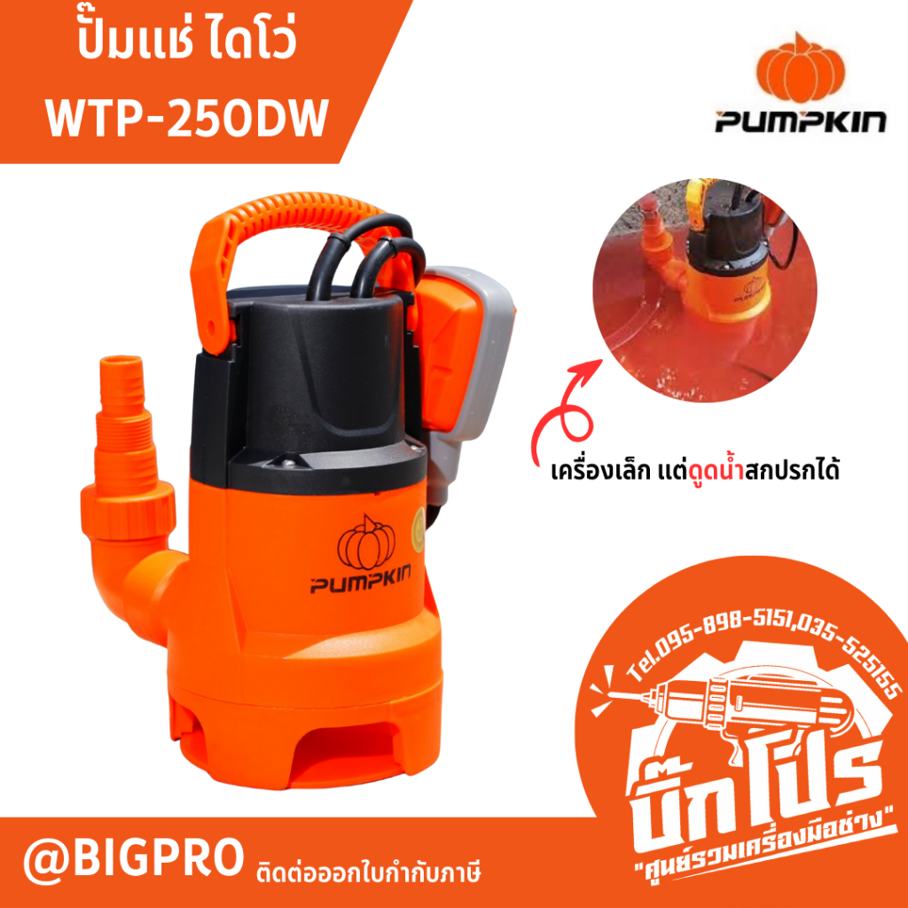 PUMPKIN ปั๊มแช่ดูดน้ำดี/น้ำเสีย 250W ปั๊มจุ่ม ไดโว่ มีสวิตช์ลูกลอย PTT-WTP250DW 50244