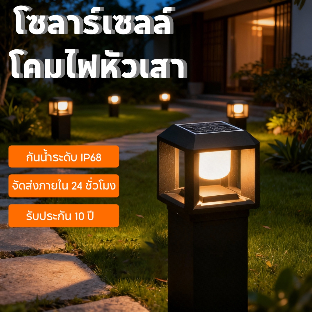 【รับประกัน10ปี】โคมไฟหัวเสา โคมหัวเสาโซล่าเซลล์ ไฟสวนโซล่าเซลล์ โซล่าเซลล์ 2สี การควบคุมแสงอัจฉริยะ