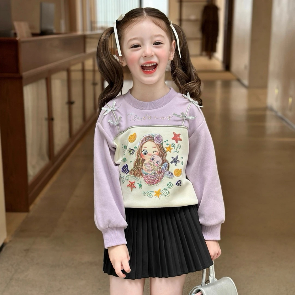 AY170 เซ็ตเสื้อกันหนาว+กระโปรงเด็กผู้หญิง ลายเงือกน้อย เสื้อผ้าเด็ก สีม่วงพาสเทล น่ารักมาก - รูปที่ 4